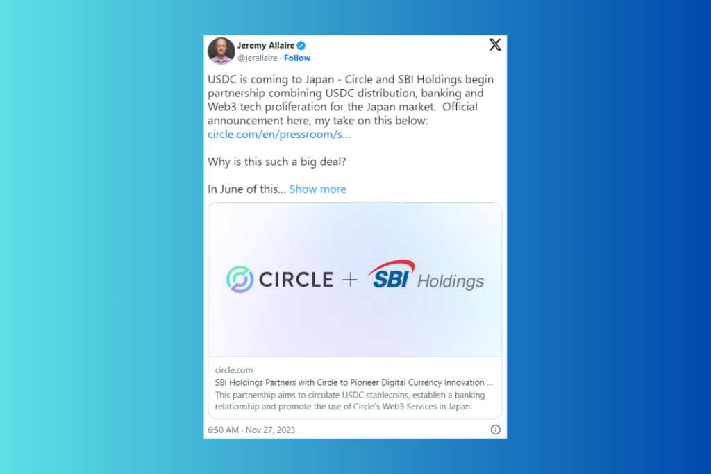 Circle Partners with SBI Holdings to Launch USDC and Web3 Services in Japan