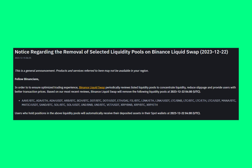 Crypto Exchange Binance Delists: Announced Delisting Many Liquidity Pools Today