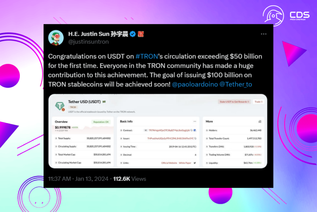 Justin Sun Praises the Tron Crypto Network's $50 Billion USDT Supply!