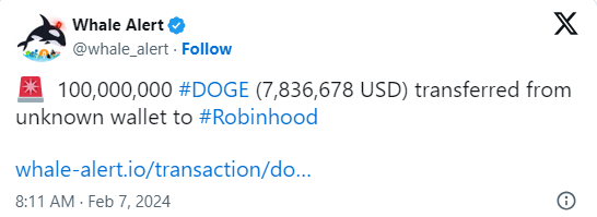 Whale Alert: $7.83 Million Worth of Dogecoin (DOGE) Surges into Robinhood Amidst Cryptocurrency Market Volatility