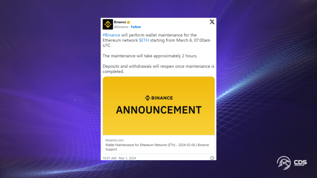 Binance to Temporarily Halt Ethereum (ETH) Deposits and Withdrawals for Maintenance Ahead of Dencun Network Upgrade
