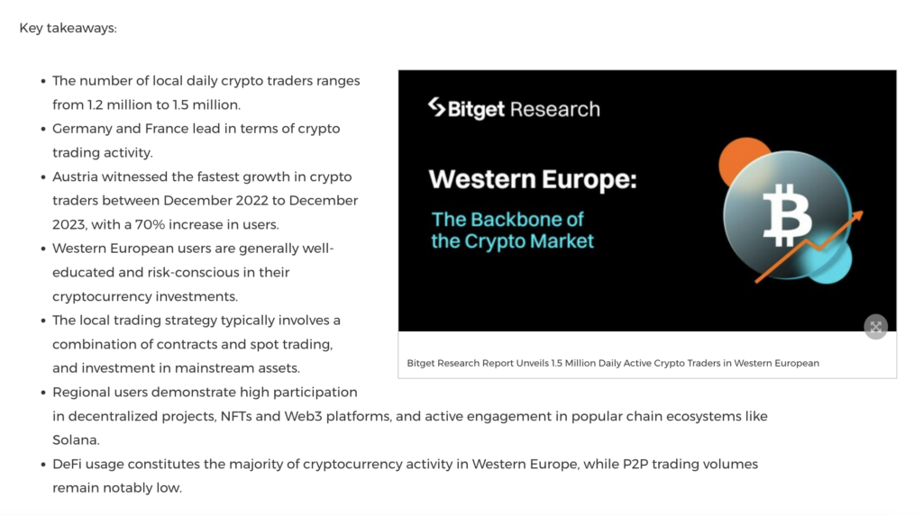 Bitget Research Uncovers 1.5 Million Daily Active Crypto Traders in Western Europe