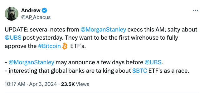 Morgan Stanley Hedefi; Stanley önde gelen Bitcoin ETF bankası olma yolunda UBS'yi geçmeyi hedefliyor