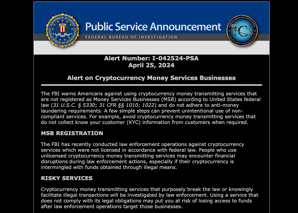 FBI Issues Warning on Unregistered Cryptocurrency Services Amid Arrests and Legal Tensions