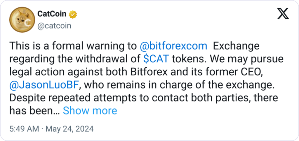 Crypto News Today- CatCoin Presses BitForex on Token Withdrawals, Hints at Lawsuit