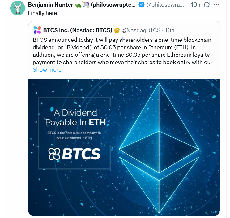 BTCS Becomes First Public Company to Issue Ethereum Dividend, Stock Jumps 10.4%