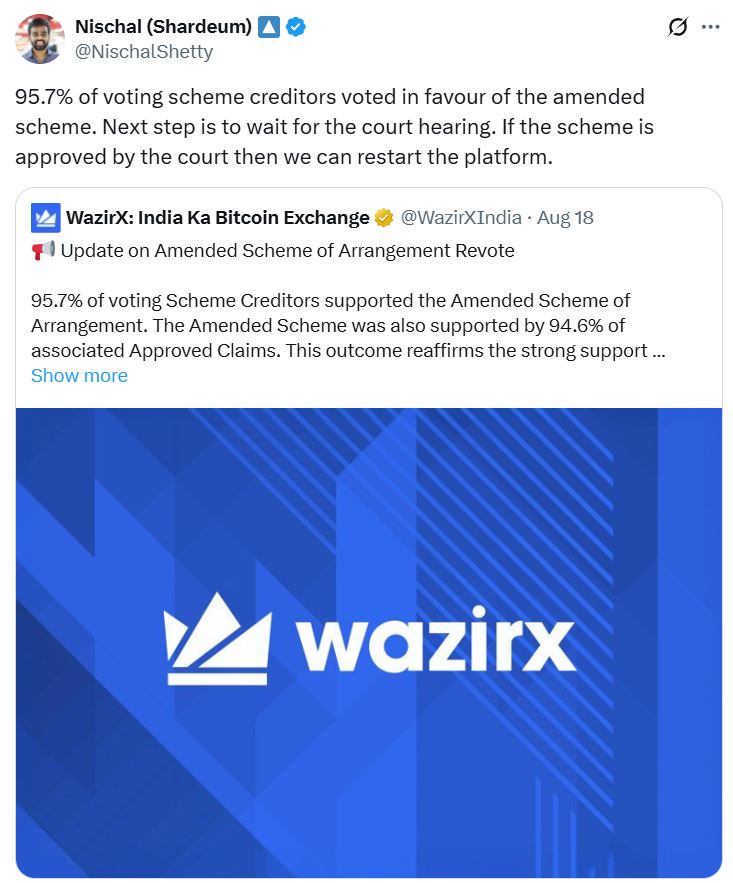 WazirX Users One Step Closer to Fund Recovery as 95% Approve Restructuring Plan