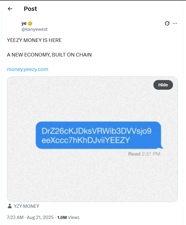 Kanye West’s YZY Token Hits $3B, Then Crashes Amid Insider Concerns