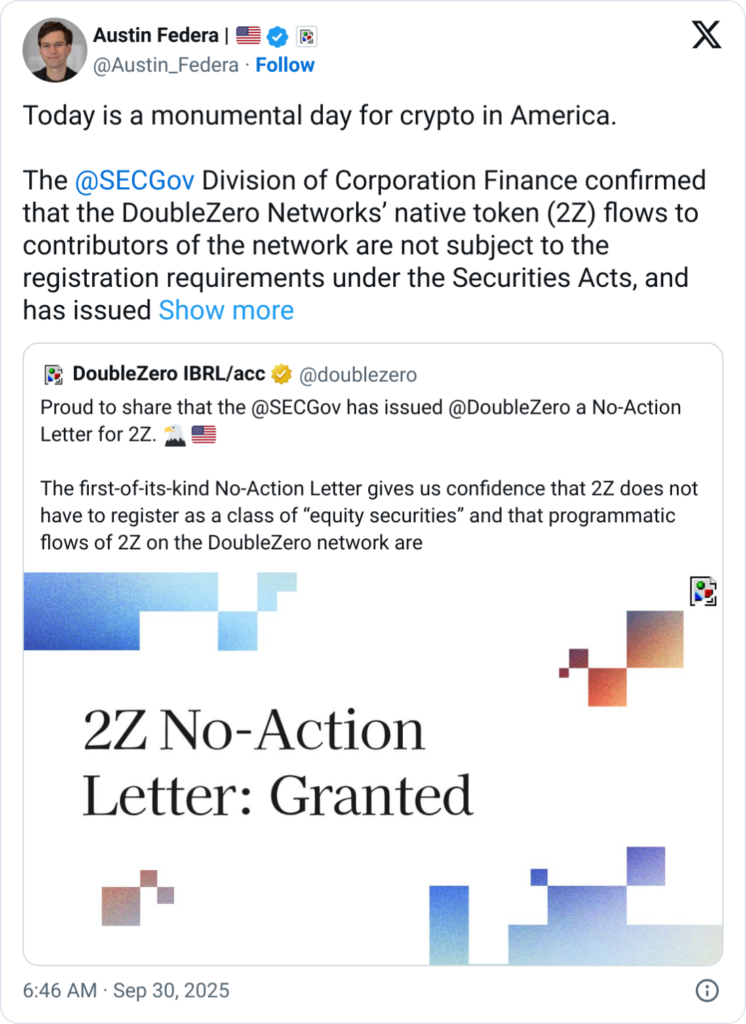 SEC Clears DePIN Tokens: DoubleZero’s 2Z Token Not a Security