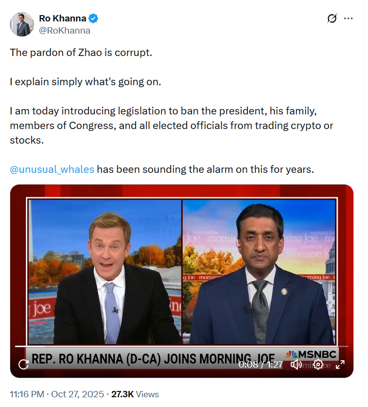 US Lawmaker Proposes Ban on Trump, Congress from Trading Crypto and Stocks