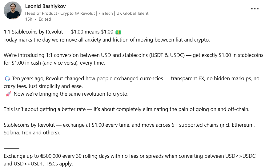 Revolut Launches 1:1 USD-to-Stablecoin Conversion for 65 Million Users