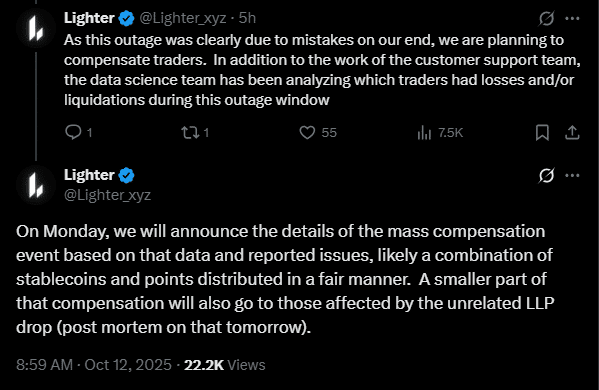 Lighter DEX to Compensate 2,000+ Traders After October Outage