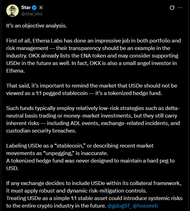 USDe De-Peg Sparks Market Turmoil, OKX Founder Calls for Risk Reassessment