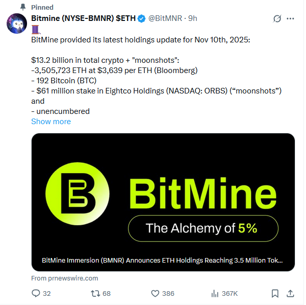 BitMine Boosts Ethereum Holdings by 34% as Tom Lee Predicts ETH “Super Cycle”