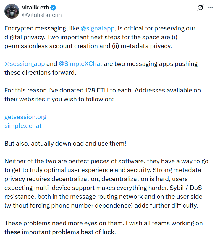 Ethereum’s Vitalik Buterin Backs Decentralized Messaging With $760K Donation