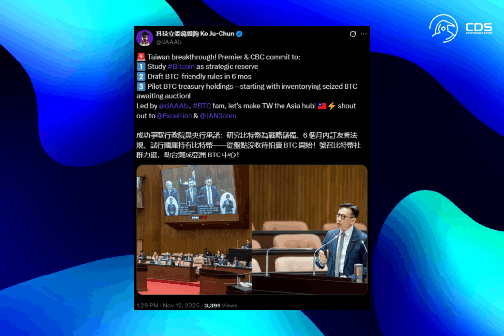 Bitcoin Gains Ground as Taiwan Considers National Reserve Role