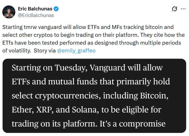 Vanguard Reverses Course and Opens Trading for Bitcoin, Ether, XRP and Solana ETFs