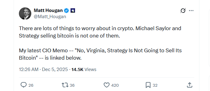 Bitwise CIO Says Strategy (MSTR) Won’t Be Forced to Sell Bitcoin Amid Stock Drop