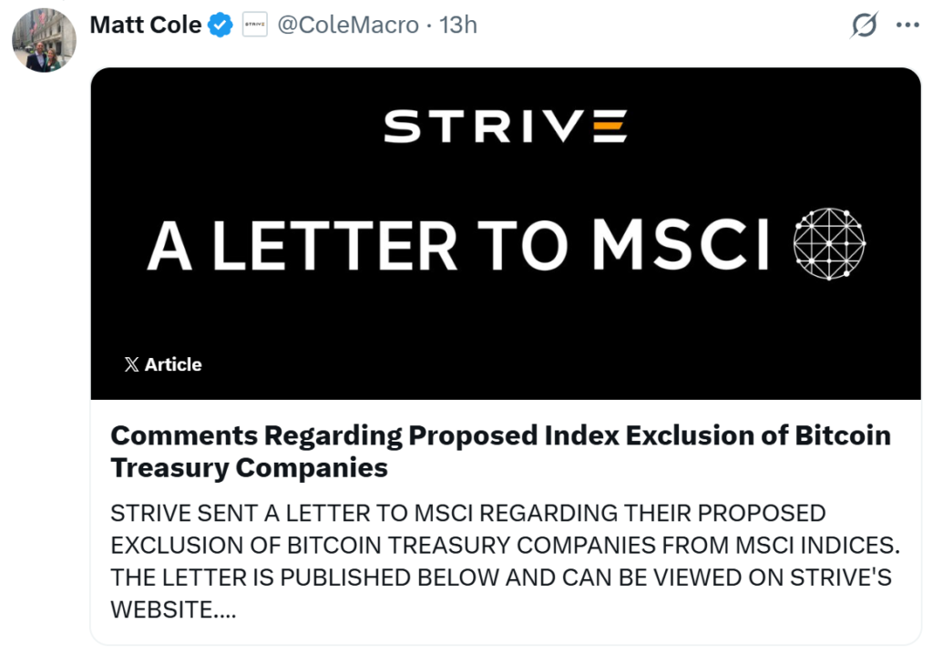 Strive Urges MSCI to Reverse Plan to Exclude Bitcoin Treasury Firms