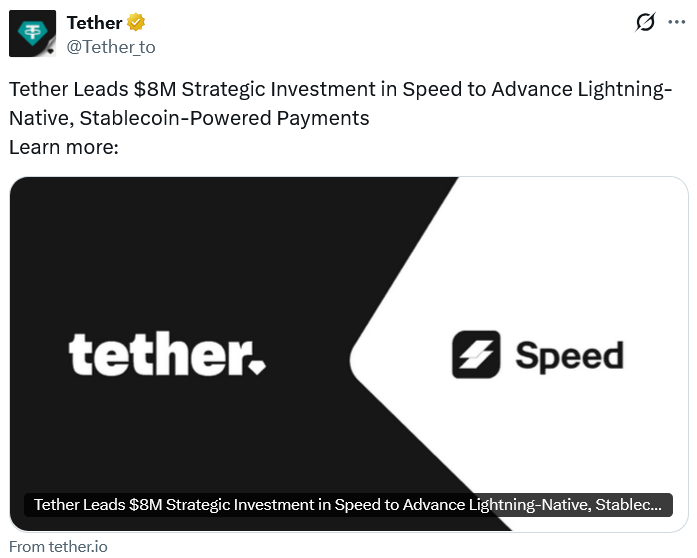 Tether Leads $8M Investment in Bitcoin Lightning Payments Startup Speed