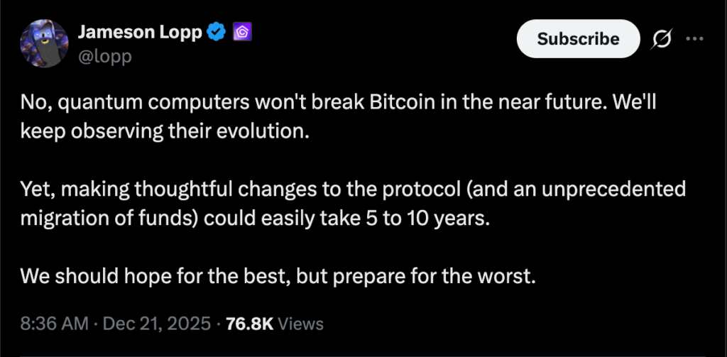 Bitcoin’s Post-Quantum Upgrade Could Take 5–10 Years, Says Core Developer Jameson Lopp