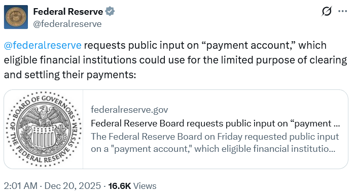 US Federal Reserve Proposes “Payment Accounts” for Crypto and Fintech Firms