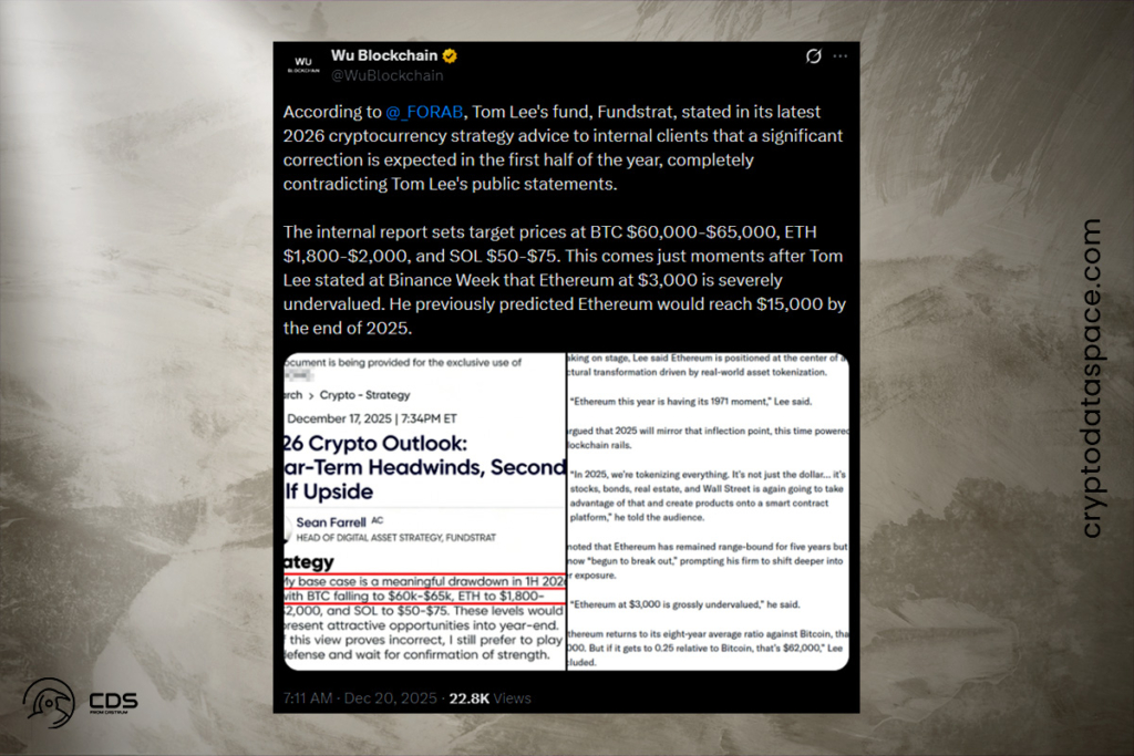 Fundstrat’s Leaked 2026 Crypto Outlook Conflicts With Lee’s Bullish Call