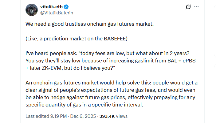 Vitalik Buterin Proposes On-Chain Gas Futures Market for Ethereum